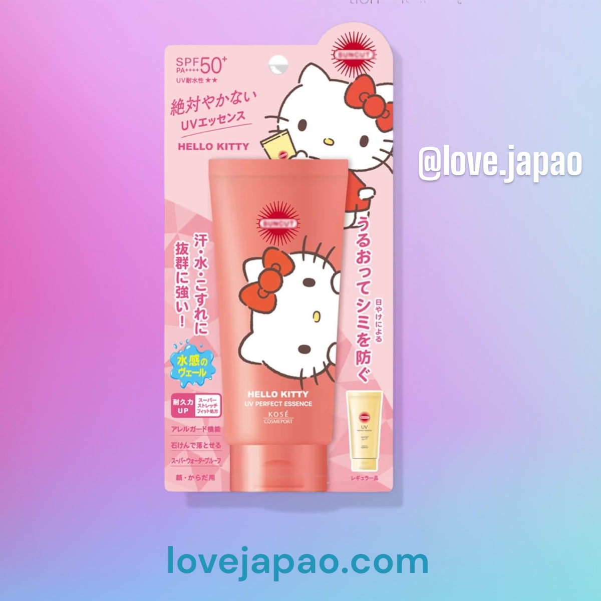 Protetor solar Sun Cut R K0SE Perfect UV Essence FPS 50+ PA+++ 80 g (2,8 oz) para o rosto, à prova d'água, design exclusivo Sunrio, proteção UV para cuidados com a pele no verão (Hello Kitty)