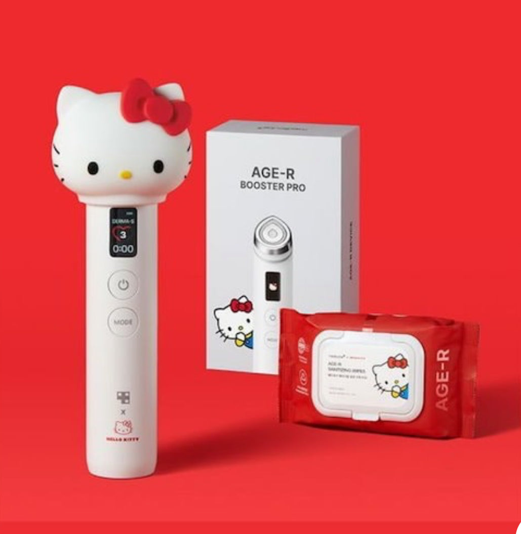 Hello Kitty AGE-R Booster Pro [6-in-1 Multi-Care Facial Beauty Device] Dispositivo de beleza facial multifuncional para cuidados com brilho, cuidados com os poros, cuidados com as rugas, cuidados com o lifting em um dispositivo medicube