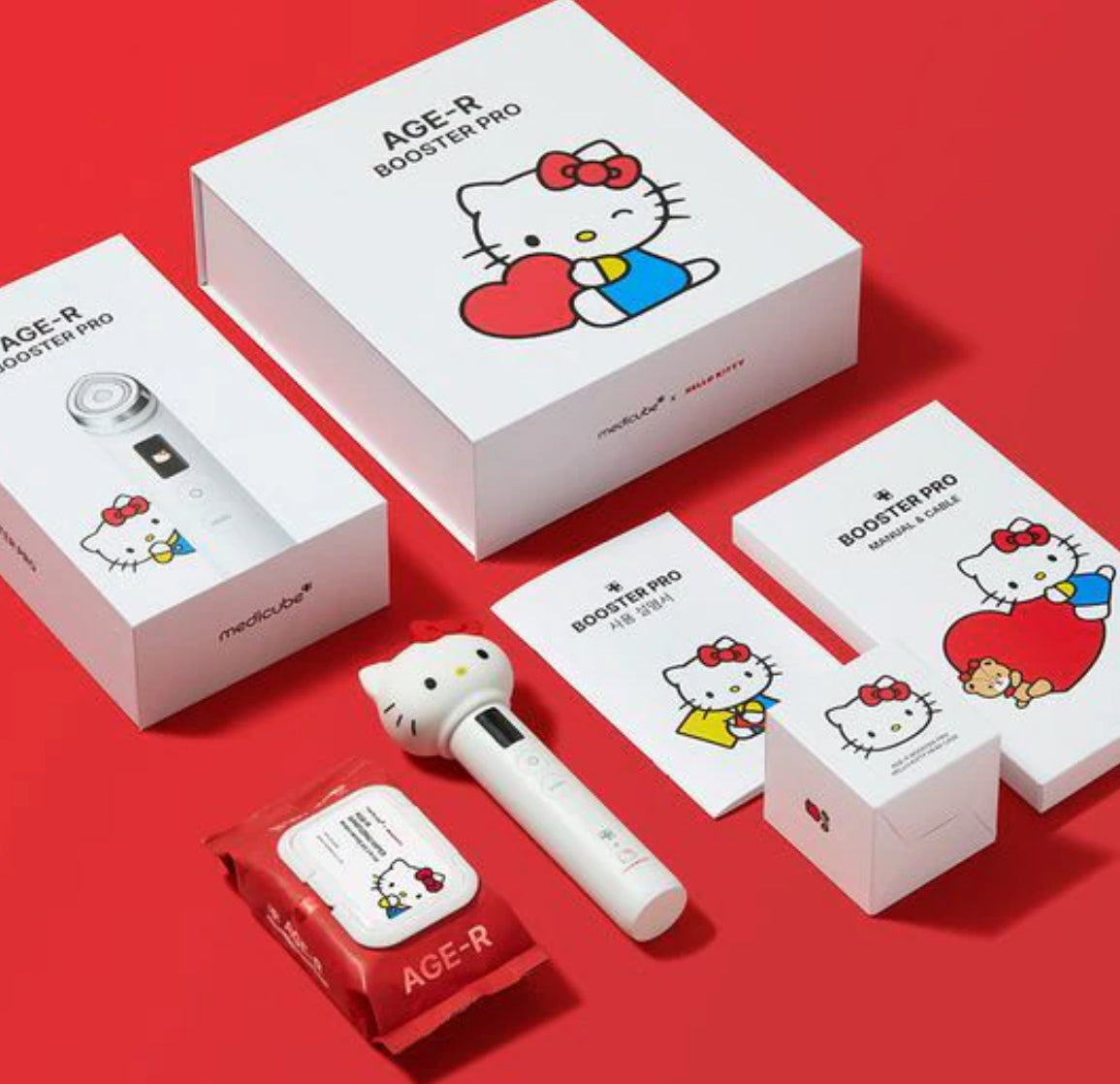 Hello Kitty AGE-R Booster Pro [6-in-1 Multi-Care Facial Beauty Device] Dispositivo de beleza facial multifuncional para cuidados com brilho, cuidados com os poros, cuidados com as rugas, cuidados com o lifting em um dispositivo medicube